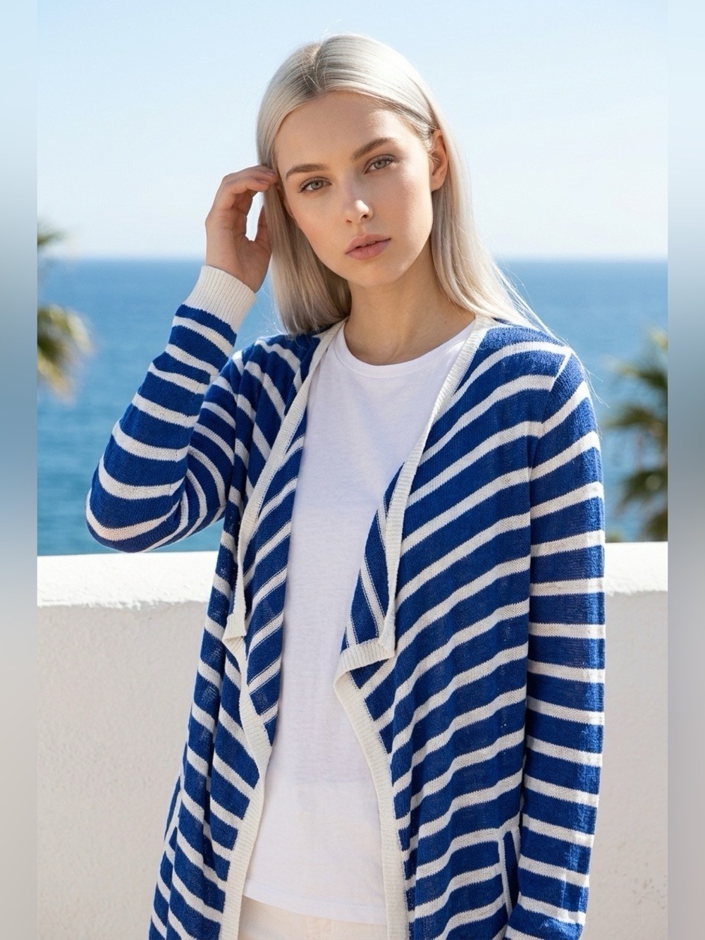Bass Striped Open Front Cardigan Womens Large 100% Cotton Nautical Coastal Boho